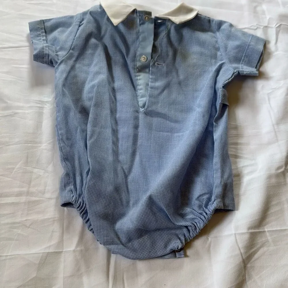 Vintage‎ boys one piece baby outfit size 3-6 months clowns Nannette blue gingham